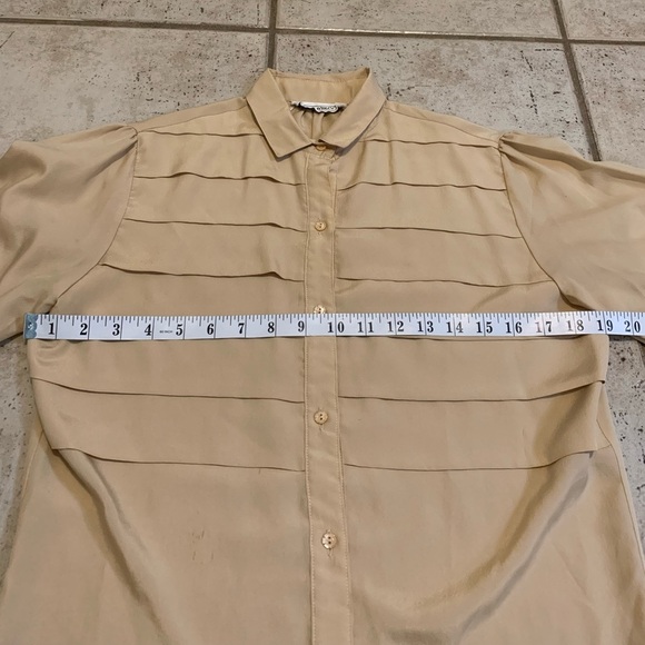Vintage Marc D'Alcy Paris Tan Pleated Blouse Silky Secretary Shirt 80s/90s M - Picture 7 of 8